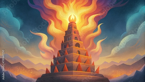 The Tower in Flames In the illustrations of the Tower of Babel it is often depicted as being struck by lightning or engulfed in flames as a photo