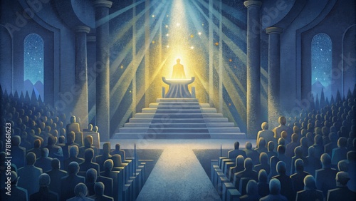 From the throne beams of light illuminate the entire room casting a shimmering glow on all those gathered. In the presence of God all darkness