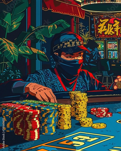 A ninja, cloaked in shadows, moves unseen around the casino floor, his presence only revealed by the accumulating chips at his favorite game 
