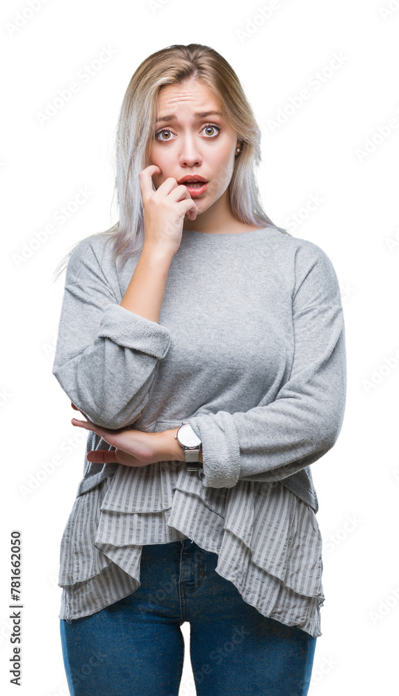 Young blonde woman over isolated background looking stressed and nervous with hands on mouth biting nails. Anxiety problem. Young blonde woman over isolated background looking stressed and nervous with hands on mouth biting nails. Anxiety problem.