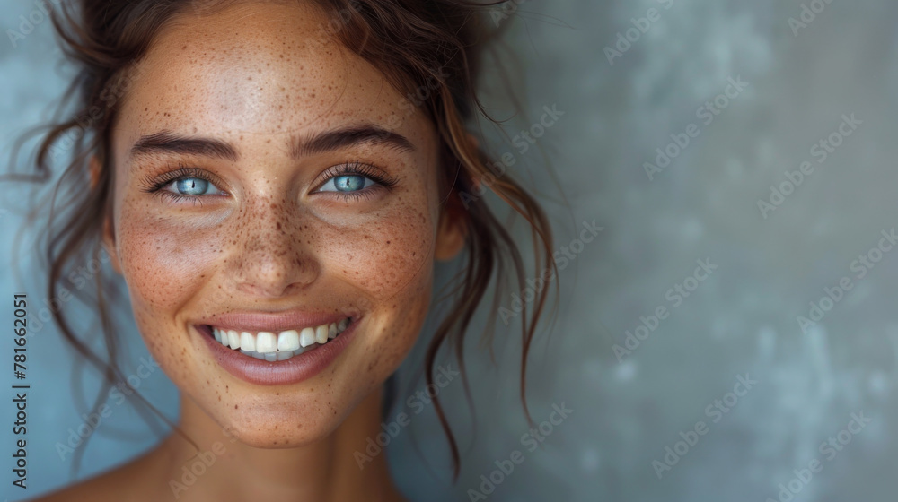 Close up face of young woman with beautiful smile isolated on grey wall with copy space. Successful multiethnic girl. Latin woman looking at camera against gray wall with a big whitening teeth smile. Close up face of young woman with beautiful smile isolated on grey wall with copy space. Successful multiethnic girl. Latin woman looking at camera against gray wall with a big whitening teeth smile.