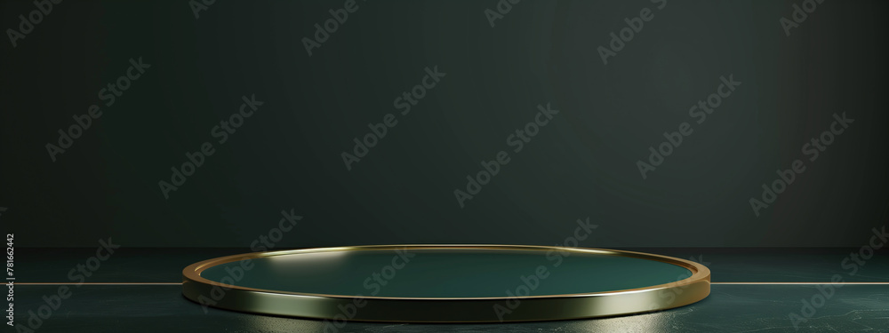 3D rendering of a green podium with a golden border on a dark background, a minimalistic abstract scene for a product presentation mock up in a studio room in the style of product presentation 3D rendering of a green podium with a golden border on a dark background, a minimalistic abstract scene for a product presentation mock up in a studio room in the style of product presentation