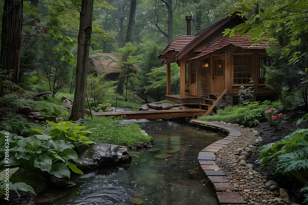 Naklejka premium Outdoor bath in a serene garden setting.