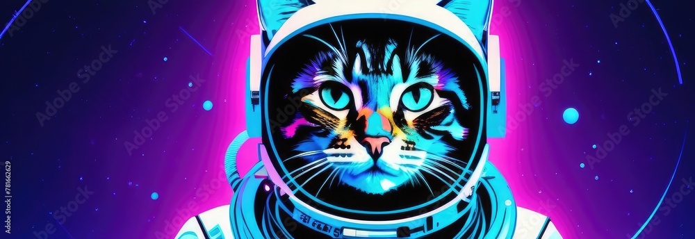 Cat astronaut in a spacesuit and astronaut helmet close-up in neon light. Space flight concept Cat astronaut in a spacesuit and astronaut helmet close-up in neon light. Space flight concept