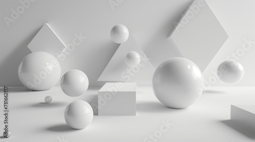 A monochrome 3D render of various geometric shapes like spheres, cubes, and pyramids systematically arranged on a plain white background, showcasing a clean and minimalist aesthetic photo