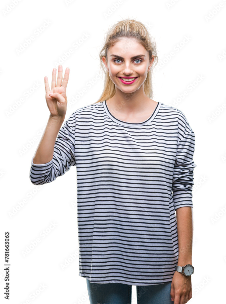 Obraz premium Young beautiful blonde woman wearing stripes sweater over isolated background showing and pointing up with fingers number four while smiling confident and happy.