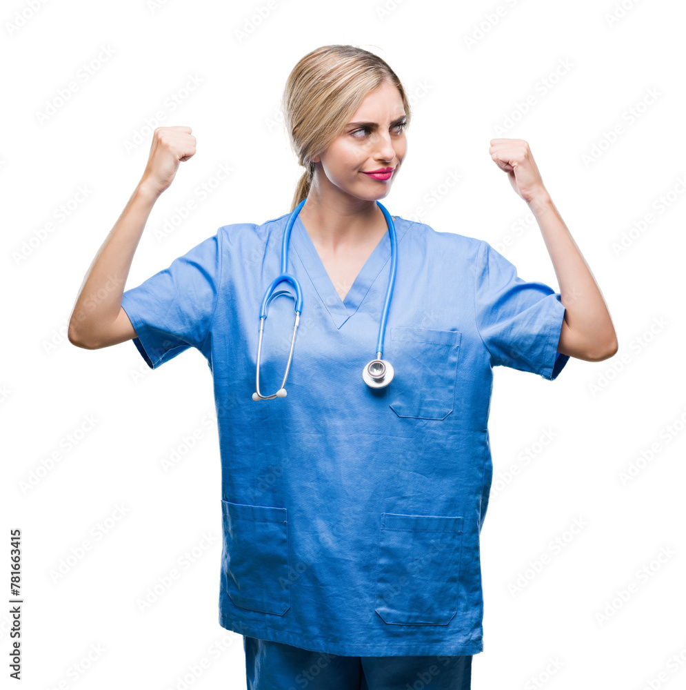 Young beautiful blonde doctor surgeon nurse woman over isolated background showing arms muscles smiling proud. Fitness concept. Young beautiful blonde doctor surgeon nurse woman over isolated background showing arms muscles smiling proud. Fitness concept.