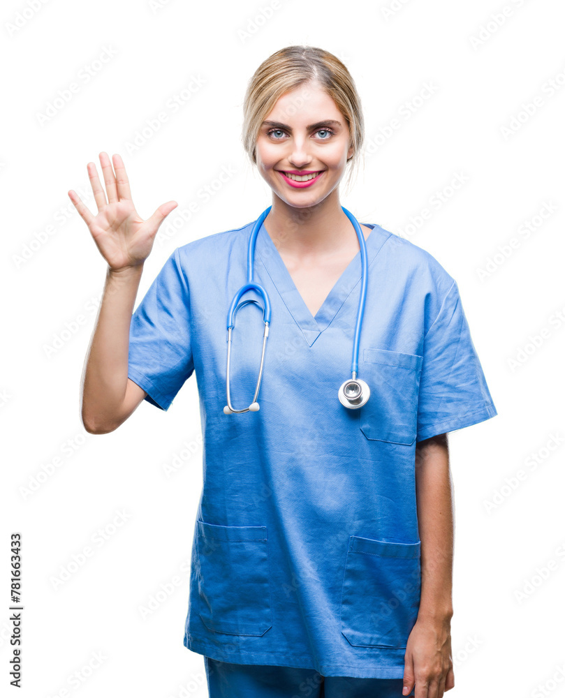 Young beautiful blonde doctor surgeon nurse woman over isolated background showing and pointing up with fingers number five while smiling confident and happy. Young beautiful blonde doctor surgeon nurse woman over isolated background showing and pointing up with fingers number five while smiling confident and happy.