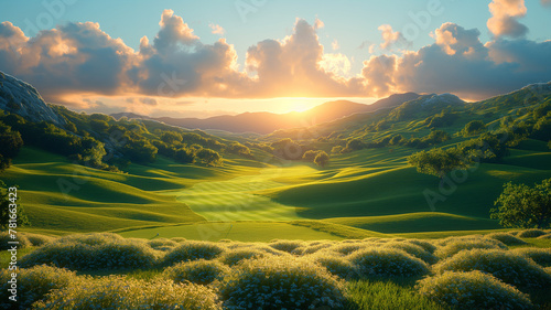 Beautiful sunset over golf course with green grass and sun rays.