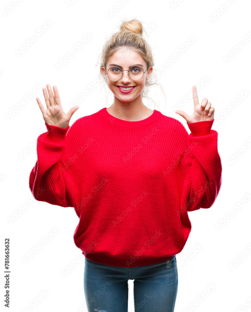 Young beautiful blonde woman wearing red sweater and glasses over isolated background showing and pointing up with fingers number seven while smiling confident and happy. Young beautiful blonde woman wearing red sweater and glasses over isolated background showing and pointing up with fingers number seven while smiling confident and happy.