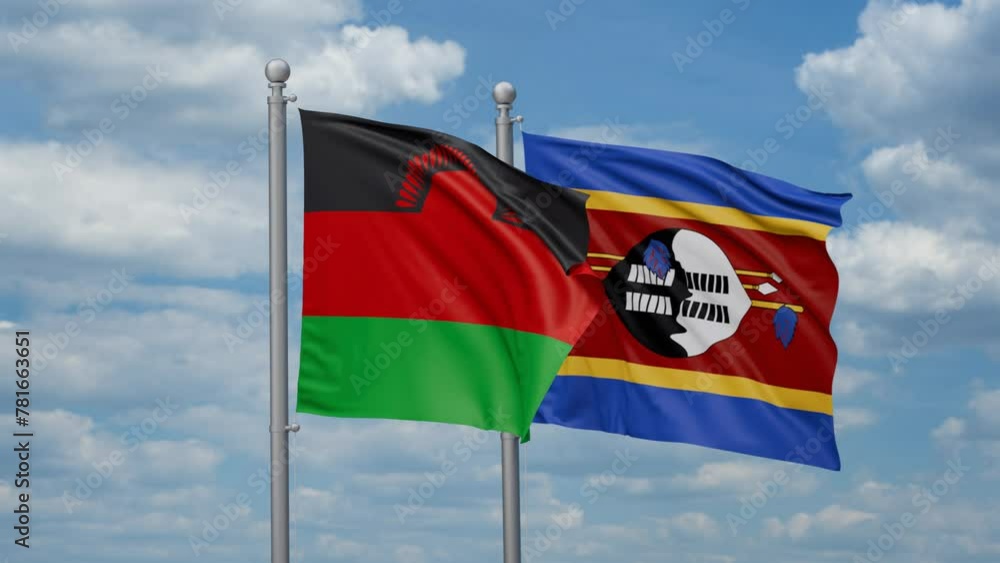 Eswatini aka Swaziland and Malawi two flags waving together, looped video, two country cooperation concept Eswatini aka Swaziland and Malawi two flags waving together, looped video, two country cooperation concept