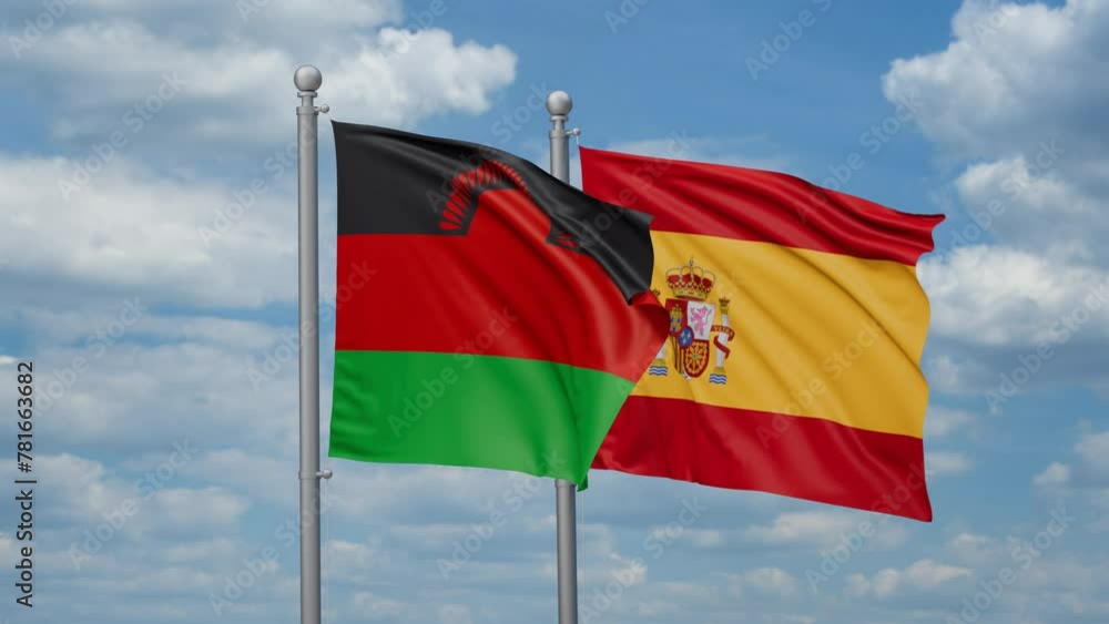 Spain and Malawi two flags waving together, looped video, two country cooperation concept Spain and Malawi two flags waving together, looped video, two country cooperation concept