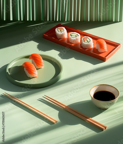 Sushi, rolls and chopsticks on green background