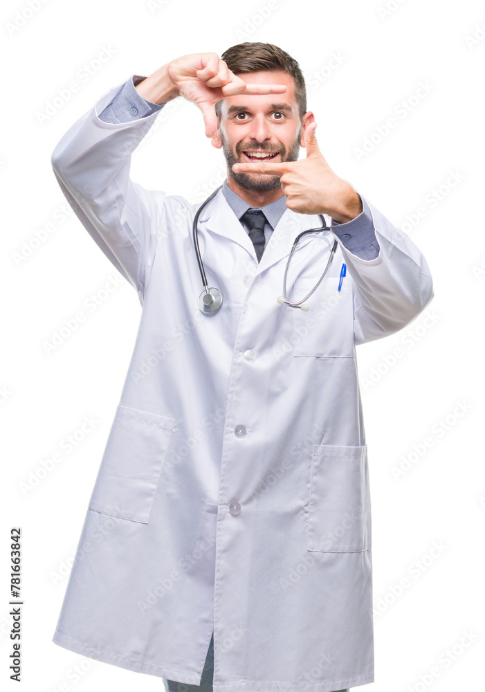 Young handsome doctor man over isolated background smiling making frame with hands and fingers with happy face. Creativity and photography concept. Young handsome doctor man over isolated background smiling making frame with hands and fingers with happy face. Creativity and photography concept.