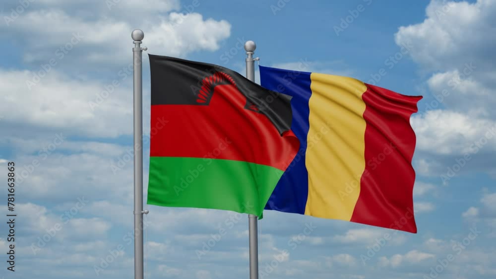 Romania and Malawi two flags waving together, looped video, two country cooperation concept Romania and Malawi two flags waving together, looped video, two country cooperation concept