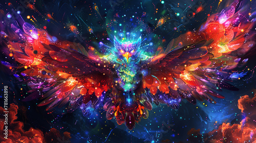 Magical fairy-tale rainbow shining owl in flight