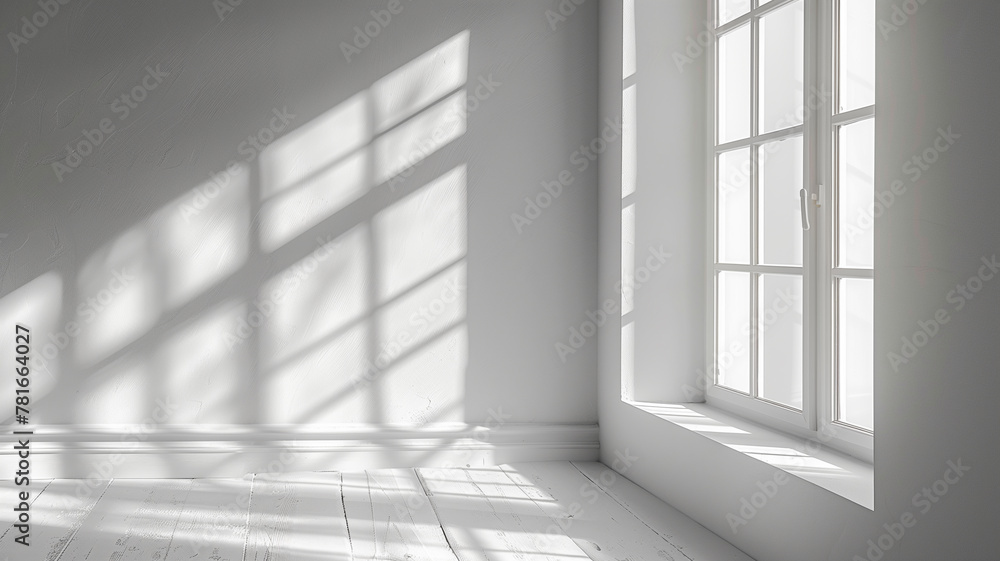 Empty room
white with abstract window shadow on the wall. 3d rendering. Empty room
white with abstract window shadow on the wall. 3d rendering.