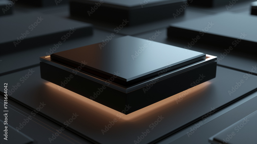 An abstract concept product display showcasing multiple reflective black surfaces with a central illuminated square that casts a warm glow, suggesting notions of technology and modern design An abstract concept product display showcasing multiple reflective black surfaces with a central illuminated square that casts a warm glow, suggesting notions of technology and modern design