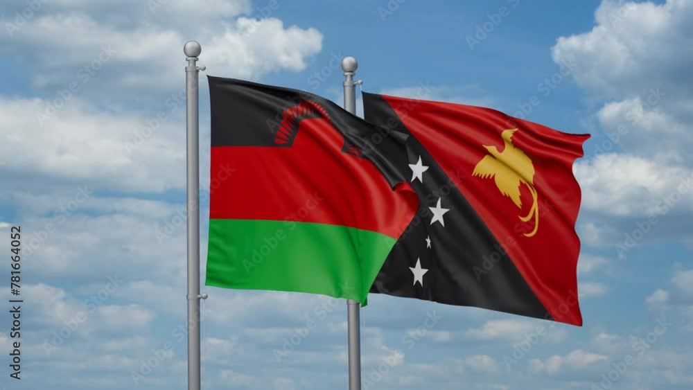 Papua New Guinea and Malawi two flags waving together, looped video, two country relations concept Papua New Guinea and Malawi two flags waving together, looped video, two country relations concept
