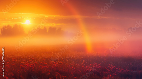 Sunrise and Rainbow Over Misty Flower Field
