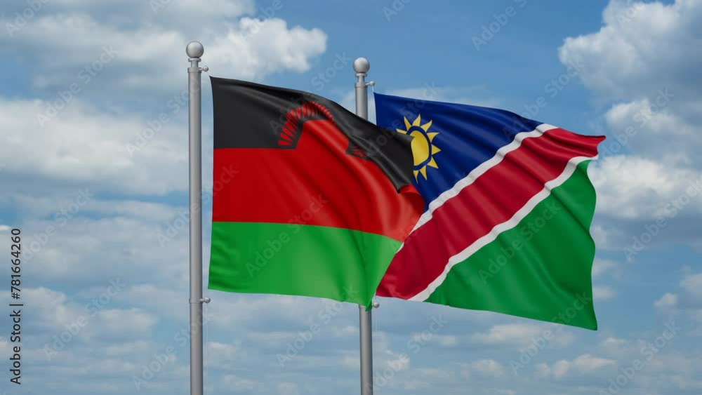 Malawi and Namibia two flags waving together, looped video, two country relations concept Malawi and Namibia two flags waving together, looped video, two country relations concept