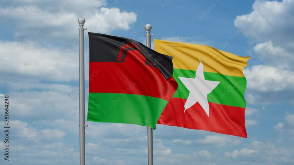 Myanmar aka Burma and Malawi two flags waving together, looped video, two country relations concept Myanmar aka Burma and Malawi two flags waving together, looped video, two country relations concept