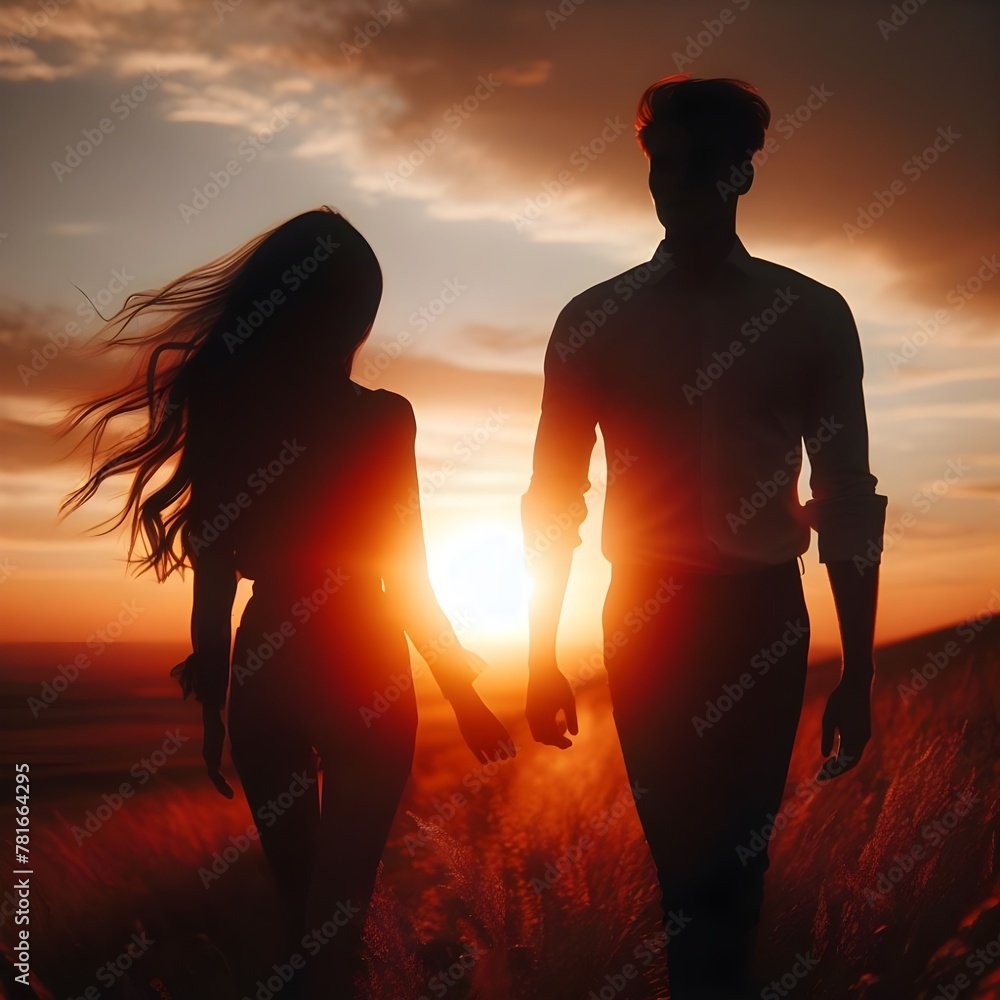 A lovely couple with a black silhouette walking through this pretty place in the evening sunset, I live in love. Generative AI