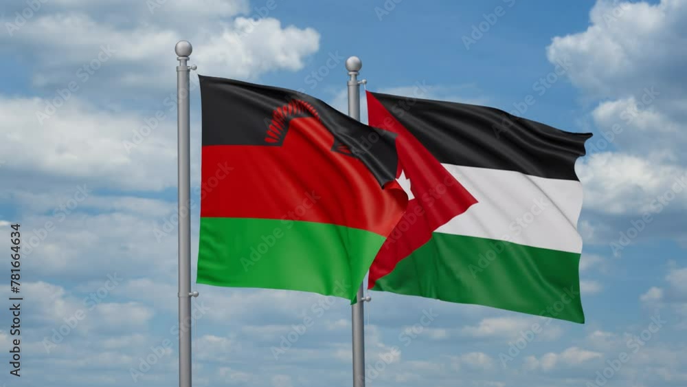 Jordan and Malawi two flags waving together, looped video, two country relations concept Jordan and Malawi two flags waving together, looped video, two country relations concept
