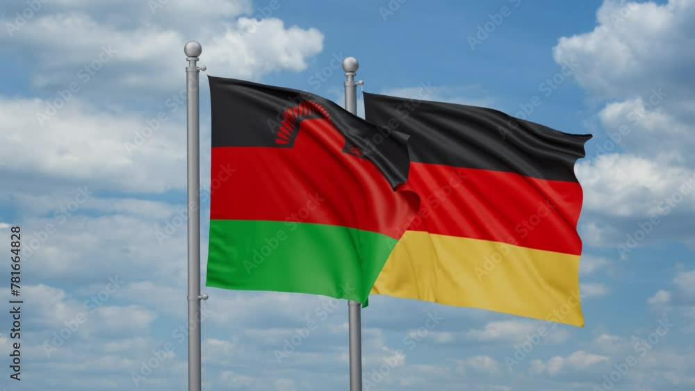 Germany and Malawi two flags waving together, looped video, two country relations concept Germany and Malawi two flags waving together, looped video, two country relations concept