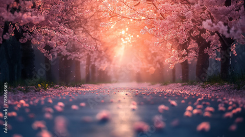 Cherry blossom tunnel in the park. Beautiful spring landscape photo