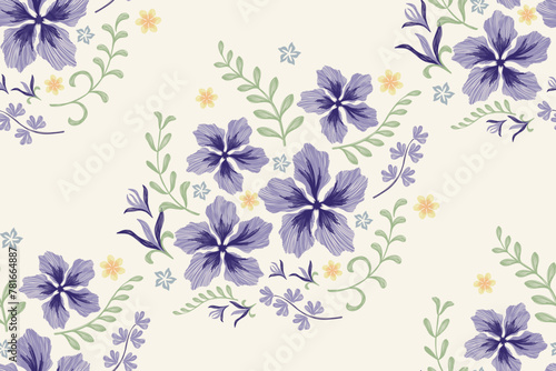 Vintage Flowers pattern seamless embroidery background border. Blue Floral motif with leaves Vintage minimal Ikat ethnic style design vector illustration. Hand drawn