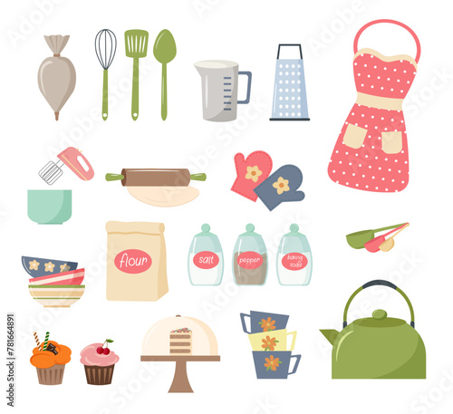 Set of kitchen utensils. Baking dish. Teapot and cups, measuring cup and grater, piping bag. Rolling pin and pastry spatulas. Mittens - potholders, spices in jars. Measuring spoons. Cupcakes and