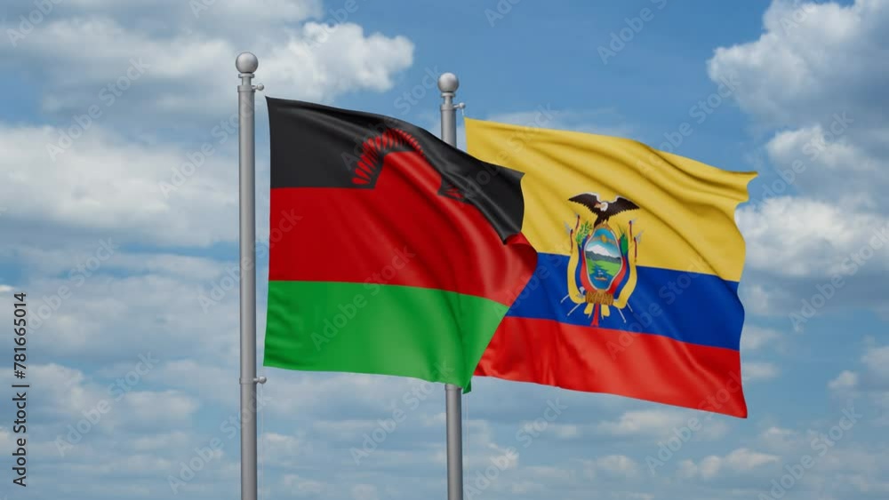 Ecuador and Malawi two flags waving together, looped video, two country relations concept Ecuador and Malawi two flags waving together, looped video, two country relations concept
