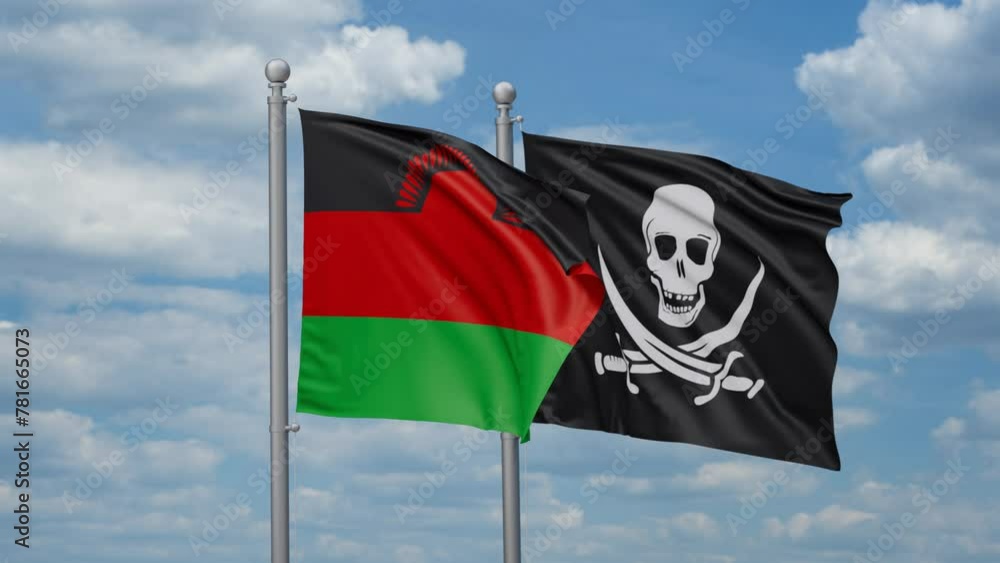 Malawi and Corsair two flags waving together, looped video Malawi and Corsair two flags waving together, looped video
