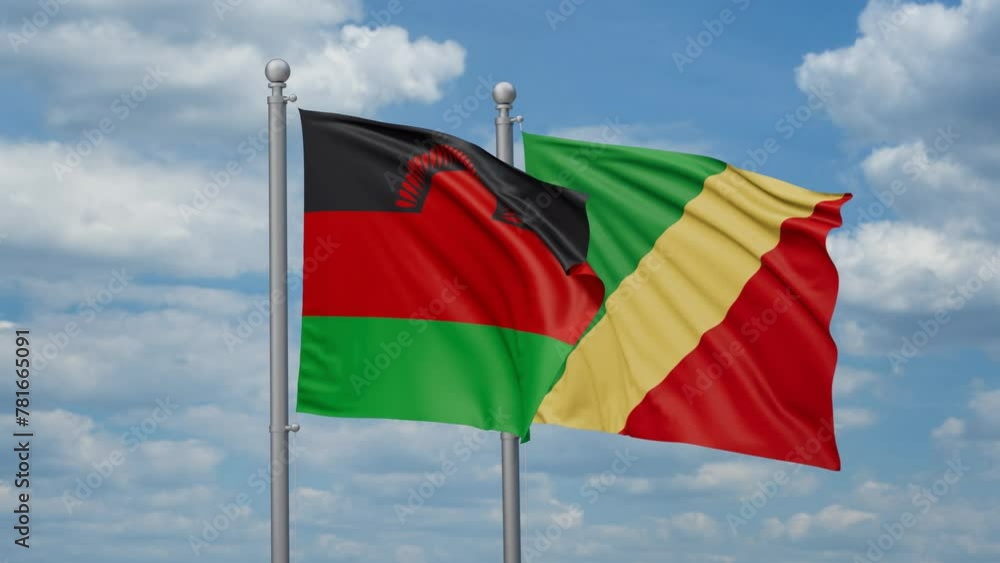 Republic of the Congo and Malawi two flags waving together, looped video, two country relations concept Republic of the Congo and Malawi two flags waving together, looped video, two country relations concept