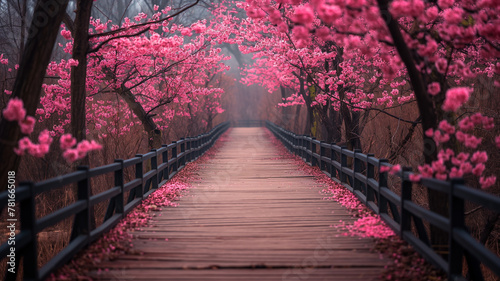 Wooden bridge with cherry blossoms in spring. Beautiful spring landscape