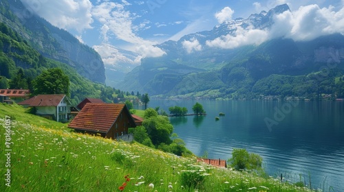 House by mountain lake