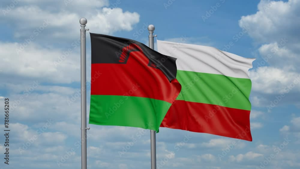Bulgaria and Malawi two flags waving together, looped video, two country relations concept Bulgaria and Malawi two flags waving together, looped video, two country relations concept