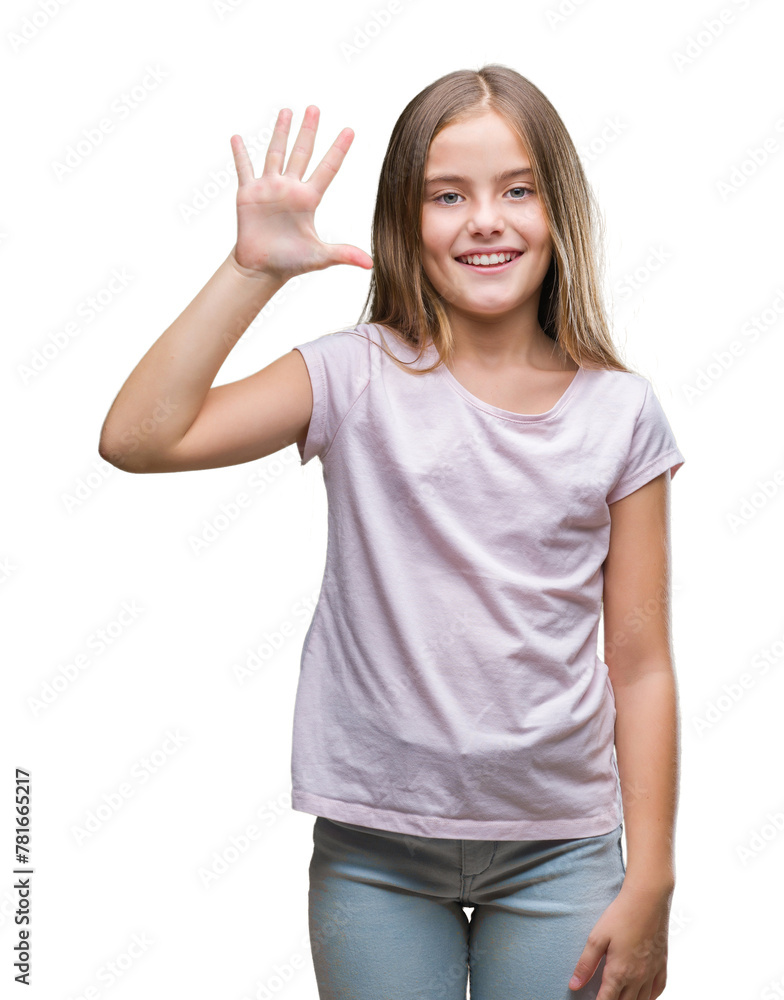 Young beautiful girl over isolated background showing and pointing up with fingers number five while smiling confident and happy. Young beautiful girl over isolated background showing and pointing up with fingers number five while smiling confident and happy.