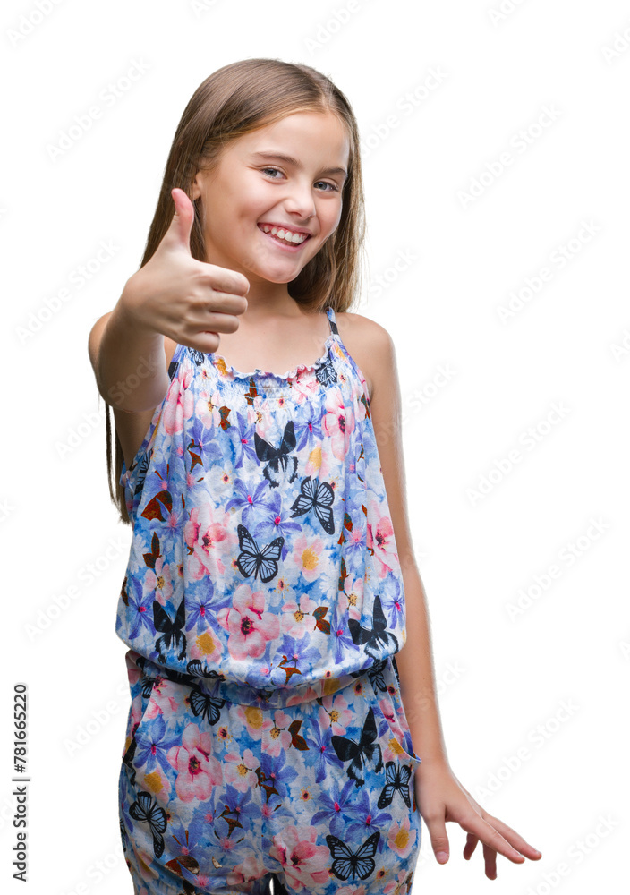 Young beautiful girl wearing colorful dress over isolated background doing happy thumbs up gesture with hand. Approving expression looking at the camera with showing success. Young beautiful girl wearing colorful dress over isolated background doing happy thumbs up gesture with hand. Approving expression looking at the camera with showing success.