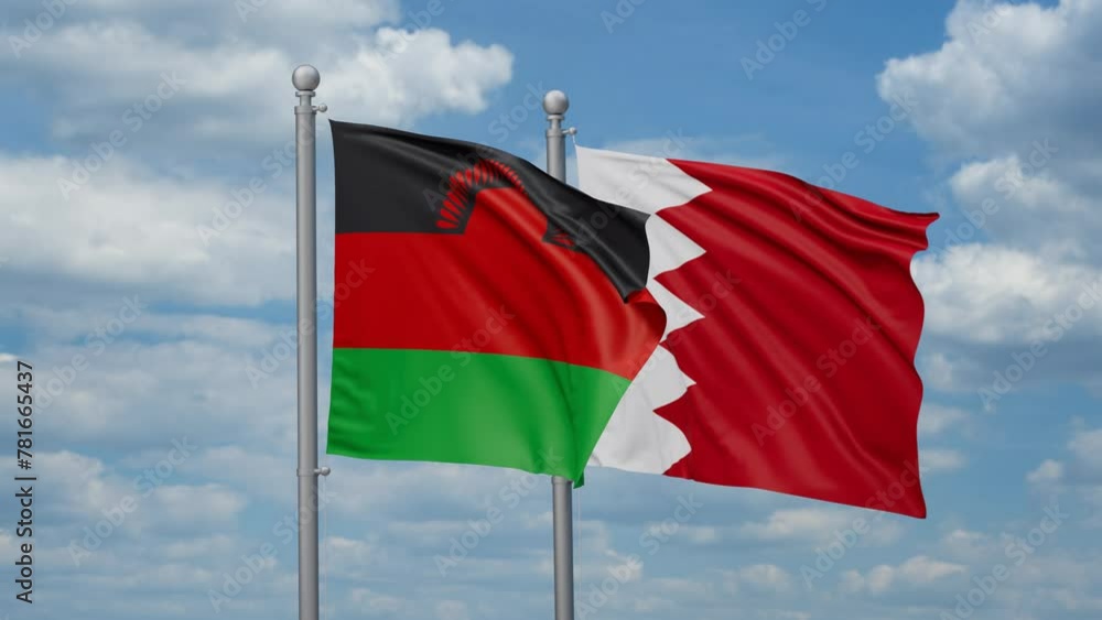 Bahrain and Malawi two flags waving together, looped video, two country relations concept Bahrain and Malawi two flags waving together, looped video, two country relations concept