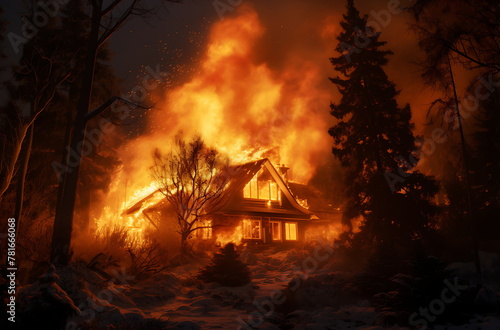 a burning house in a forest, generative ai