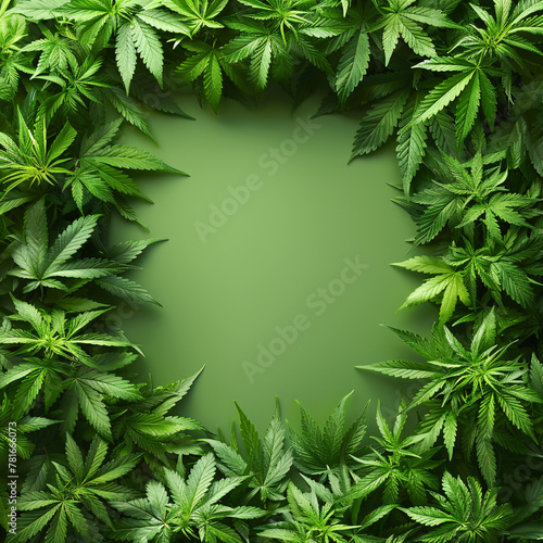 Green cannabis leafs frame with usable copy space in the middle