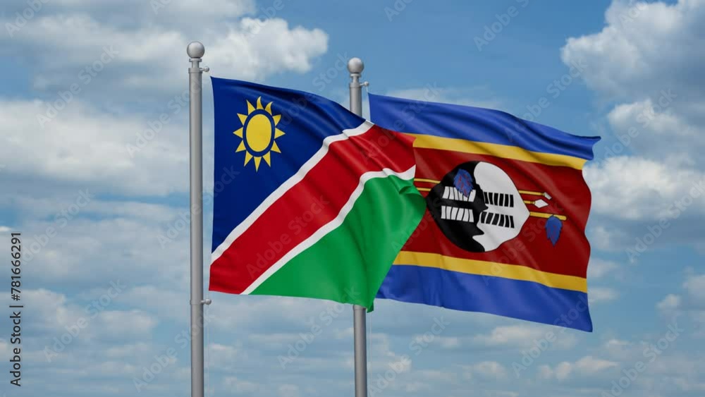 Eswatini aka Swaziland and Namibia two flags waving together, looped video, two country cooperation concept Eswatini aka Swaziland and Namibia two flags waving together, looped video, two country cooperation concept