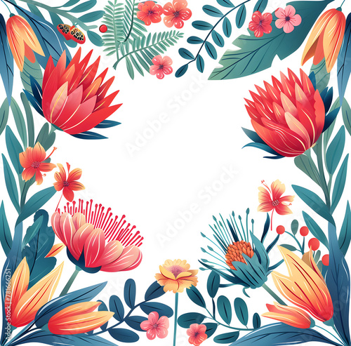 This vibrant floral banner features an Australian ornament  ideal for Mother s Day or birthday greeting cards  and can also serve as an exotic plant and flower square frame background.