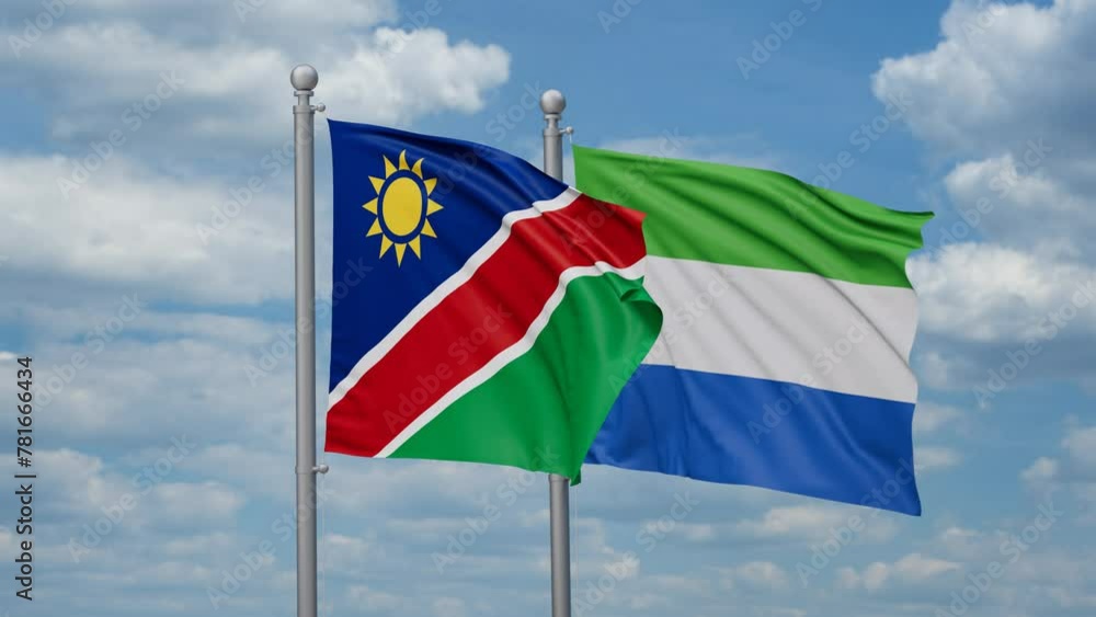 Sierra Leone or Salone and Namibia two flags waving together, looped video, two country cooperation concept Sierra Leone or Salone and Namibia two flags waving together, looped video, two country cooperation concept