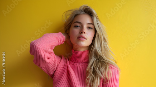 beautiful young lady in pink pullover sweater on yellow background with copy space