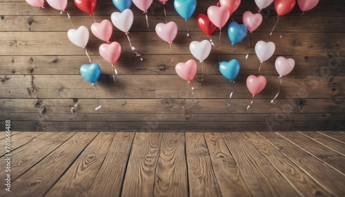 a wooden table with a blurry hearts ballons background
