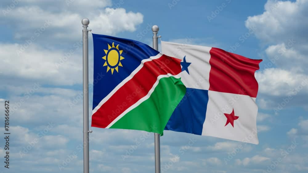 Panama and Namibia two flags waving together, looped video, two country relations concept Panama and Namibia two flags waving together, looped video, two country relations concept