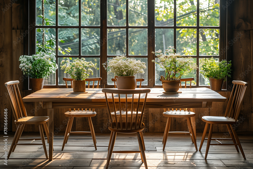 Wooden table with chairs and vase of flowers in cosy cafe Wooden table with chairs and vase of flowers in cosy cafe